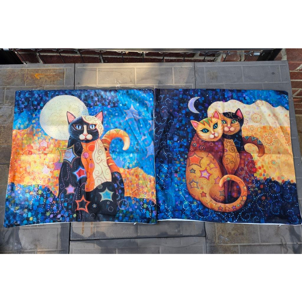 Handmade Accent Cat Throw Decorative Pillow Covers Cat Art Set of 2 Insert Ready